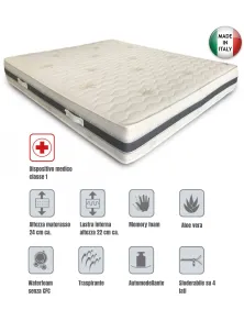 MATERASSO MATRIMONIALE IN MEMORY A 7 ZONE DI PORTANZA CON RIVESTIMENTO ANALLERGICO E ANTI BATTERICO IN ALOE VERA SFODERABILE