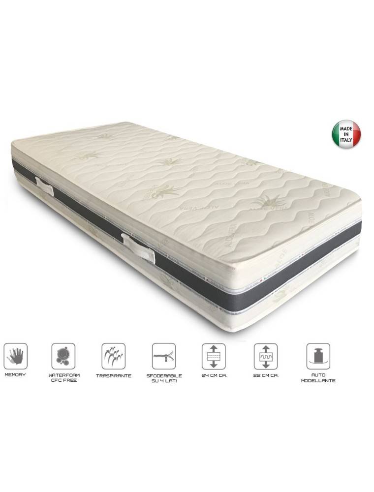 MATERASSO IN MEMORY A 7 ZONE DI PORTANZA CON RIVESTIMENTO ANALLERGICO E ATI BATTERICO IN ALOE VERA SFODERABILE MATERASSO IN MEMORY A 7 ZONE DI PORTANZA CON RIVESTIMENTO ANALLERGICO E ATI BATTERICO IN ALOE VERA SFODERABILE