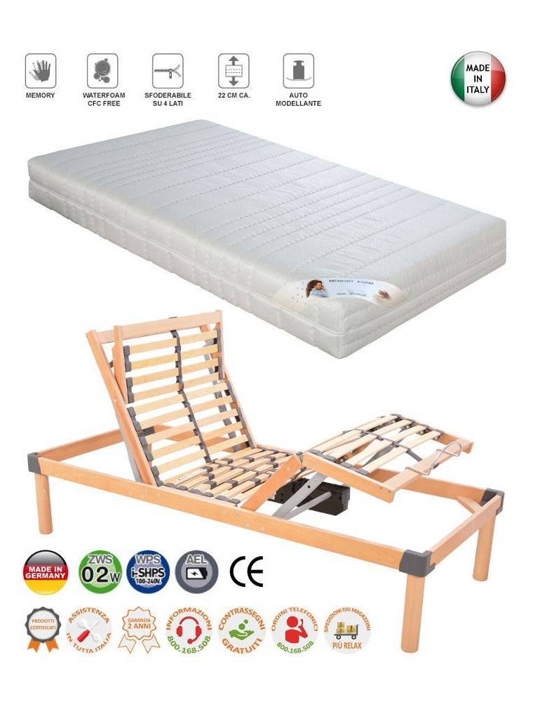 RETE ELETTRICA DOGHE IN LEGNO MOTORIZZATA CON MATERASSO MEMORY 80x200