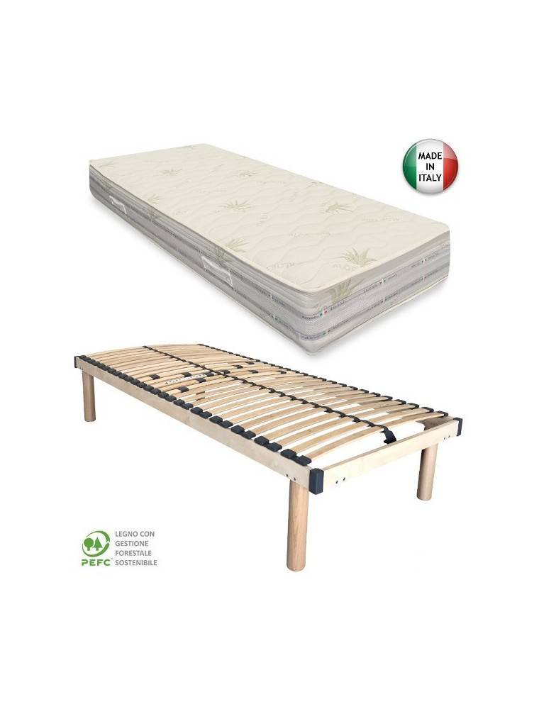 RETE IN LEGNO A DOGHE CON MATESSO A MOLLE INSACCHETTATE RIVESTIMENTO IN ALOE VERA SFODERABILE