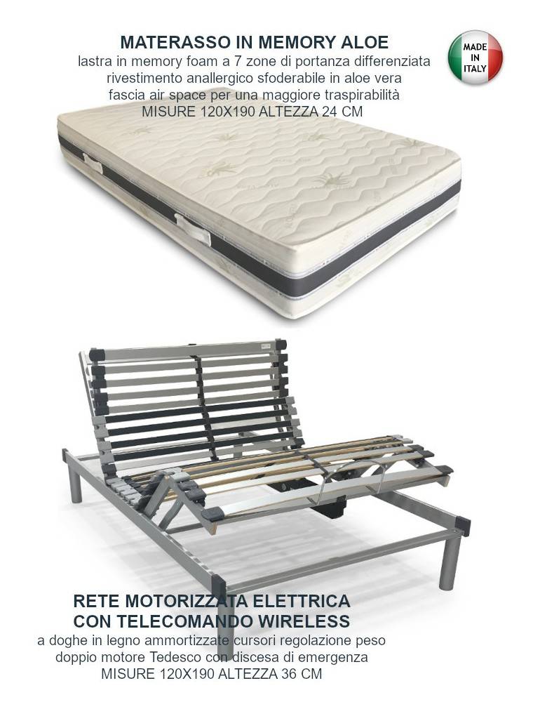 RETE MOTORIZZATA A DOGHE MOTORE TEDESCO E TELECOMANDO WIRELESS CON MATERASSO MEMORY 7 ZONE IN ALOE VERA UNA PIAZZA E MEZZA
