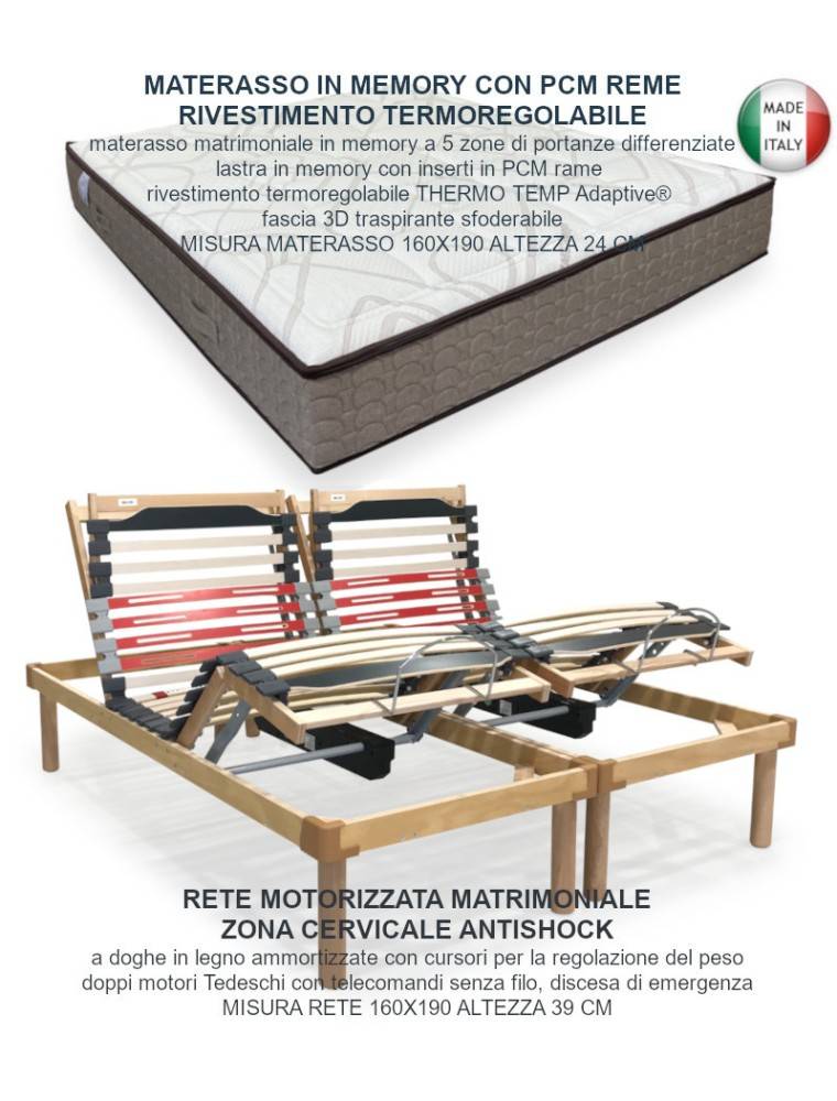 RETE MOTORIZZATA MATRIMONIALE ANTISHOCK WIRELESS CON MATERASSI IN MEMORY A 5 ZONE PORTANZA PCM RAME TERMOREGOLANTE SFODERABILE