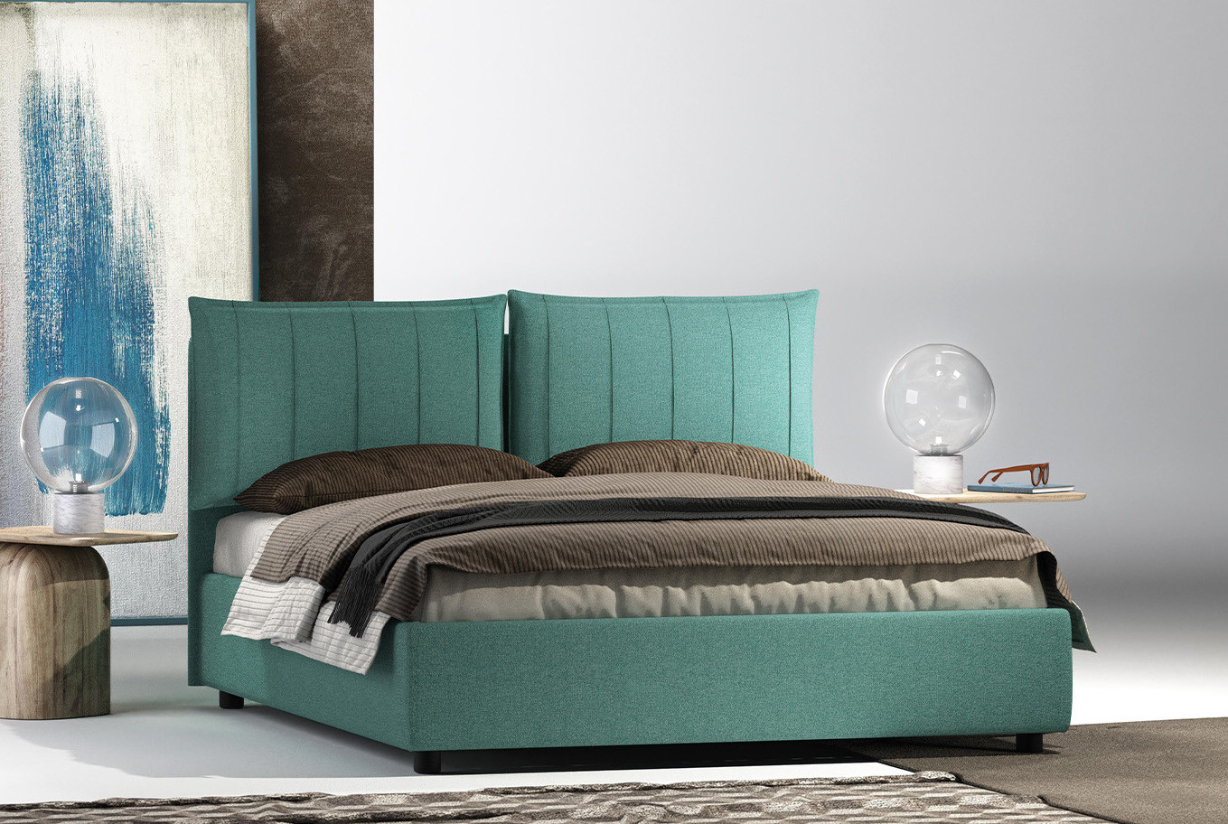 LETTO MATRIMONIALE CON VANO CONTENITORE TESTIERA CON CUSCINI