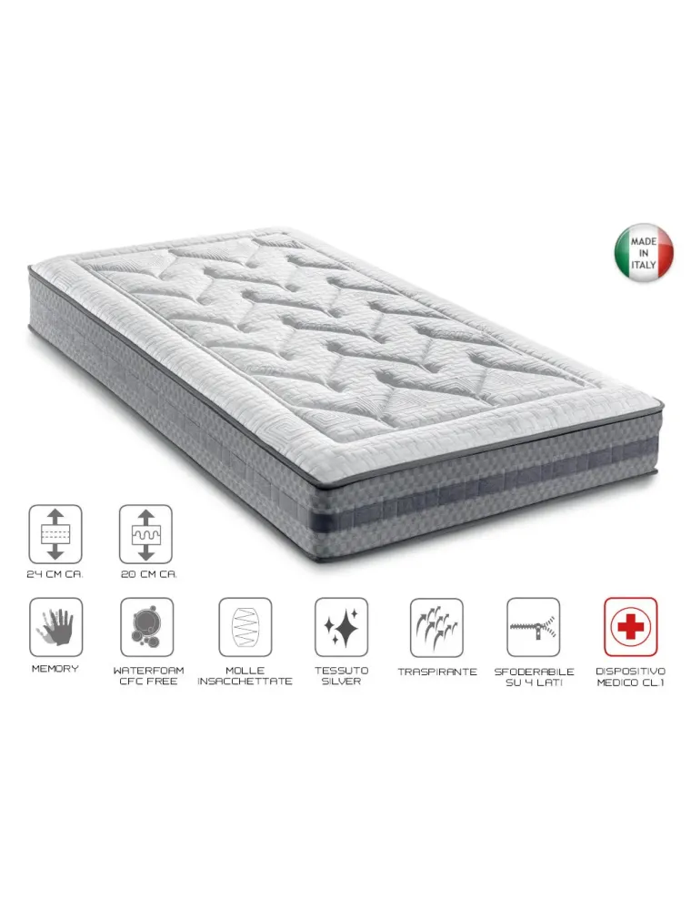 Materasso una piazza e mezza a molle insacchettate e memory con rivestimento sfoderabile in silver