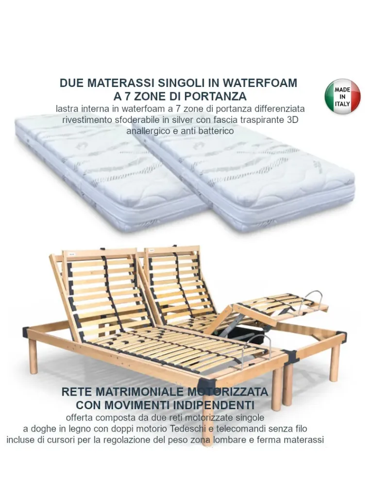 RETE MATRIMONIALE MOTORIZZATA INDIPENDENTE CON DUE MATERASSI SINGOLI IN WATERFOAM A 7 ZONE DI PORTANZA SFODERABILE RETE MATRIMONIALE MOTORIZZATA INDIPENDENTE CON DUE MATERASSI SINGOLI IN WATERFOAM A 7 ZONE DI PORTANZA SFODERABILE