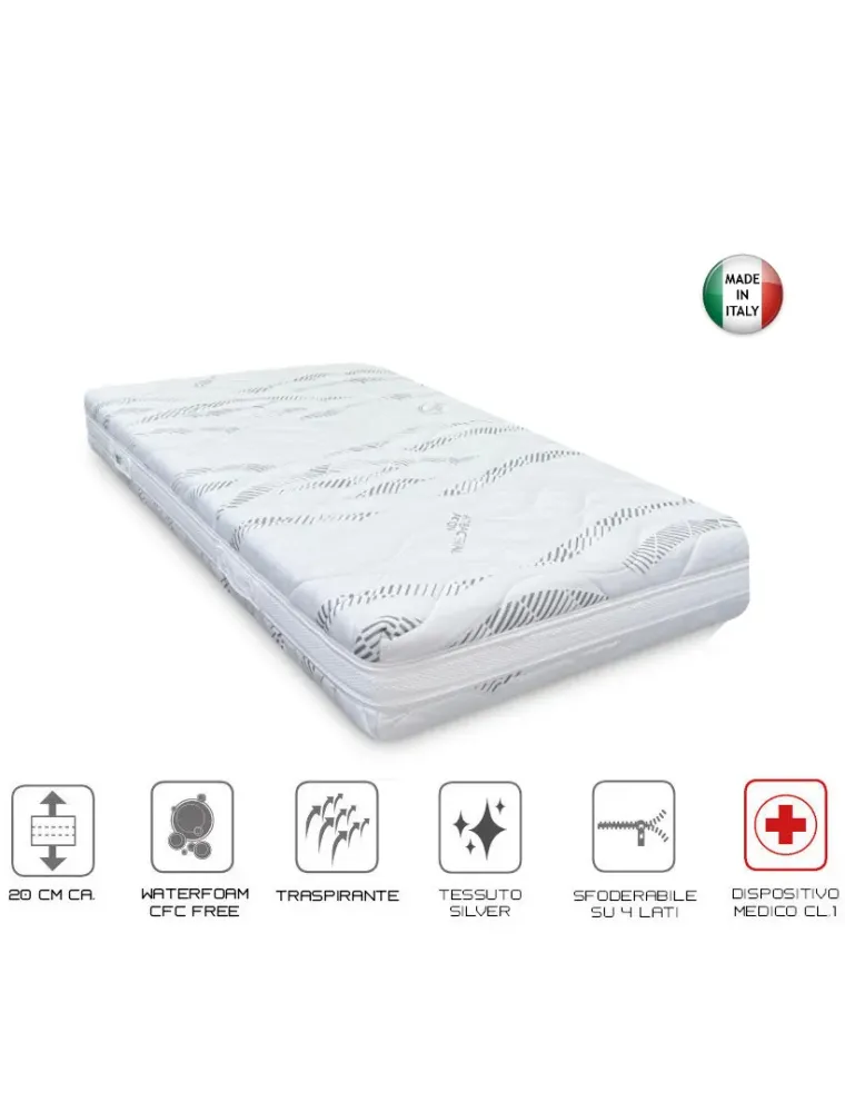 MATERASSO UNA PIAZZA E MEZZA IN WATERFOAM ACQUAFOAM 7 ZONE DI PORTANZA RIVESTIMENTO IN SILVER LATO ESTIVO E INVERNO SFODERABILE