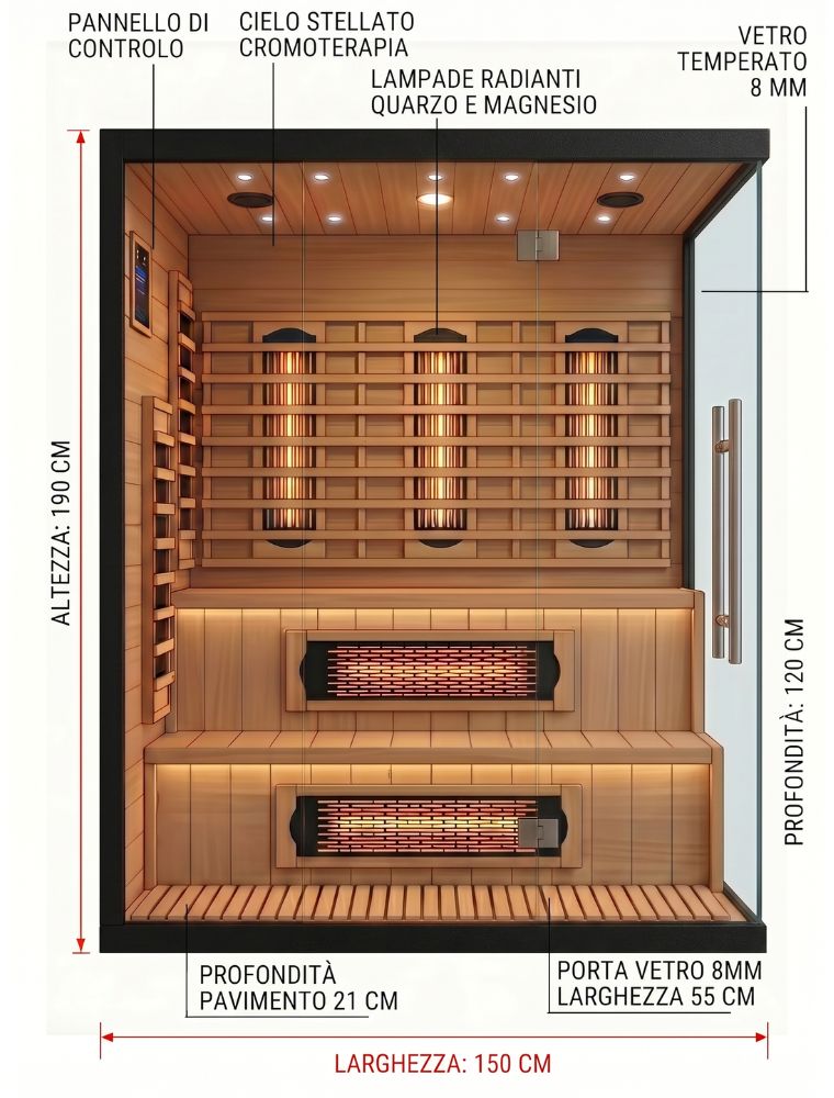 sauna infrarossi 3 posti quarzo magnesio